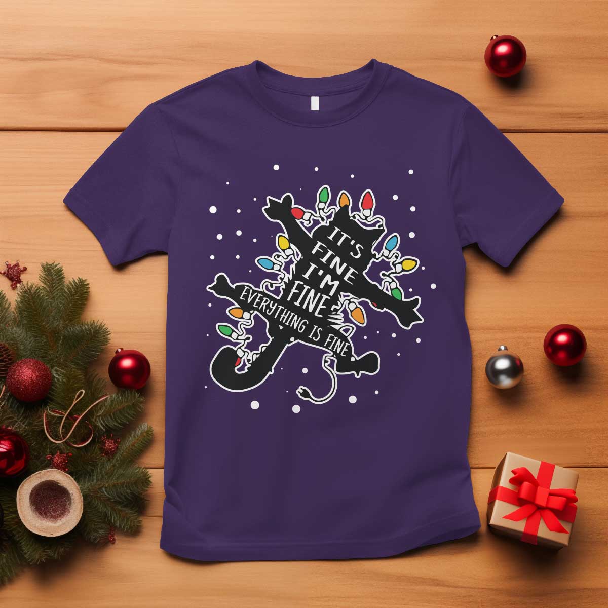Funny Christmas It's Fine I'm Fine Everything Is Fine T Shirt Black Cat - Wonder Print Shop