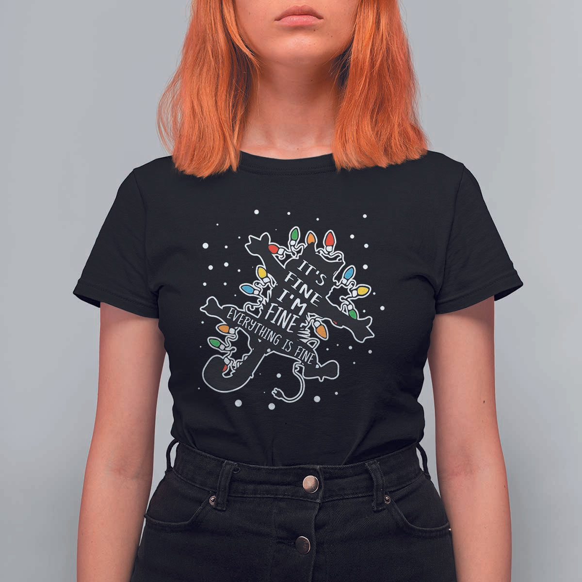 Funny Christmas It's Fine I'm Fine Everything Is Fine T Shirt For Women Black Cat - Wonder Print Shop