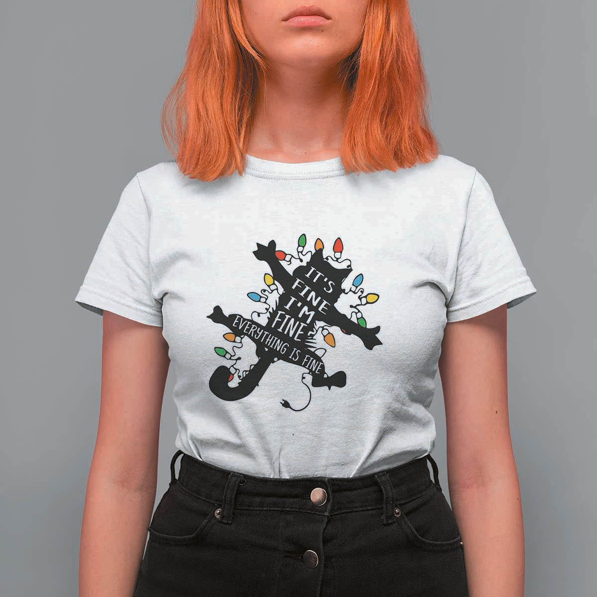 Funny Christmas It's Fine I'm Fine Everything Is Fine T Shirt For Women Black Cat - Wonder Print Shop
