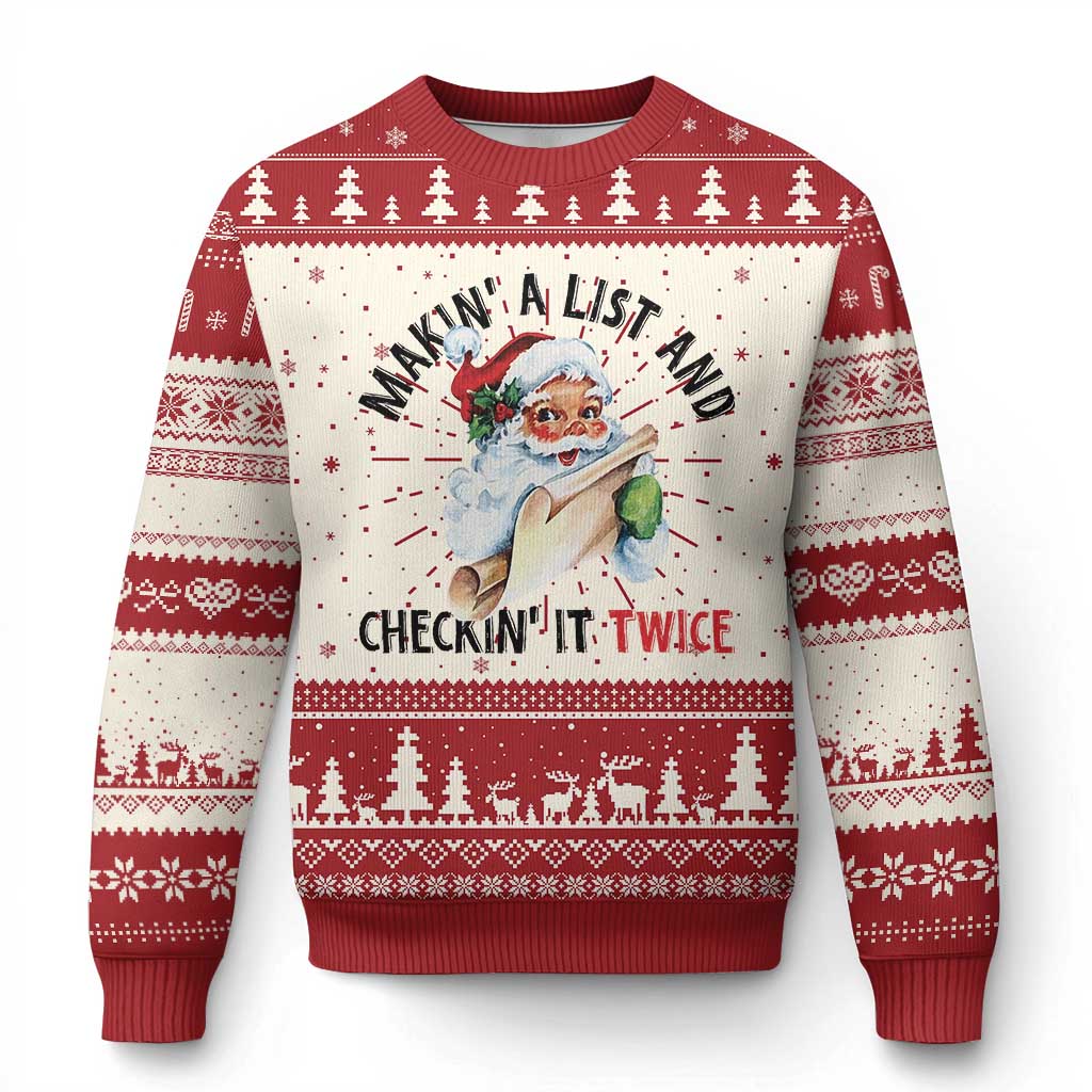 Funny Xmas Vintage Santa Ugly Christmas Sweater Makin' A List And Checkin' It Twice Naughty Or Nice List - Wonder Print Shop