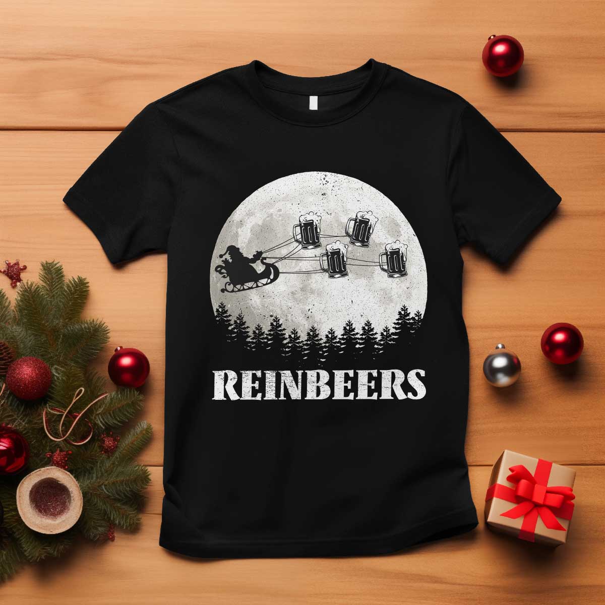 Funny Christmas Beers T Shirt Reinbeers Santa Sleigh Moon - Wonder Print Shop