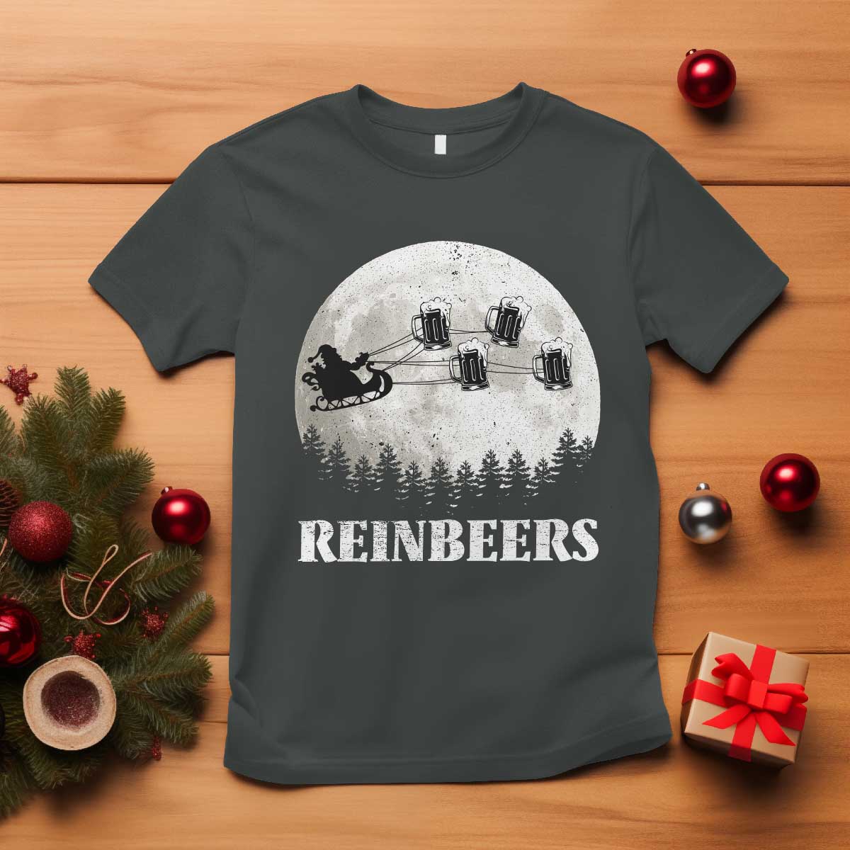 Funny Christmas Beers T Shirt Reinbeers Santa Sleigh Moon - Wonder Print Shop