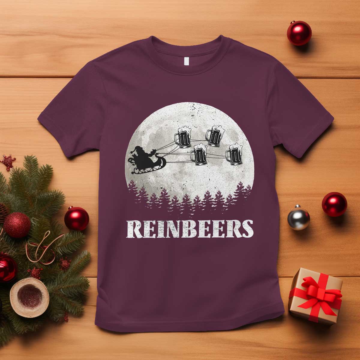 Funny Christmas Beers T Shirt Reinbeers Santa Sleigh Moon - Wonder Print Shop