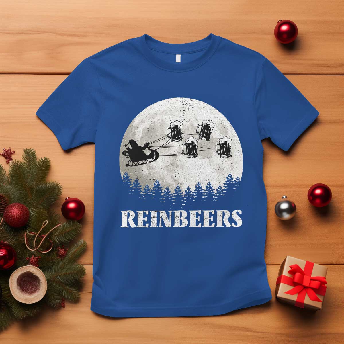 Funny Christmas Beers T Shirt Reinbeers Santa Sleigh Moon - Wonder Print Shop