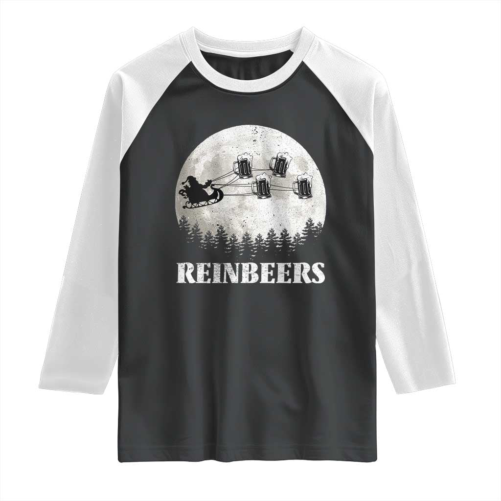 Funny Christmas Beers Raglan Shirt Reinbeers Santa Sleigh Moon - Wonder Print Shop