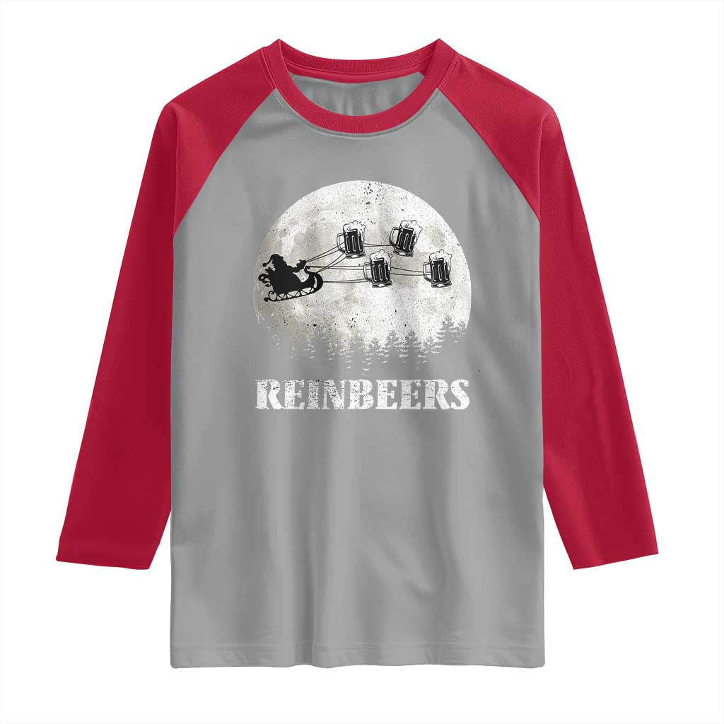 Funny Christmas Beers Raglan Shirt Reinbeers Santa Sleigh Moon - Wonder Print Shop