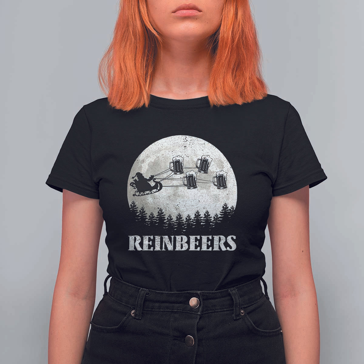 Funny Christmas Beers T Shirt For Women Reinbeers Santa Sleigh Moon - Wonder Print Shop