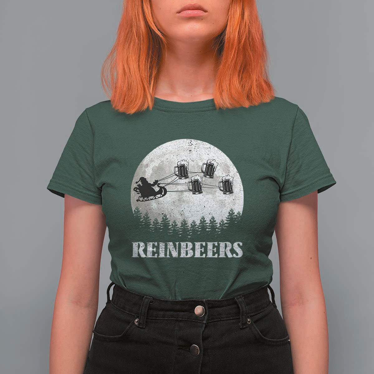 Funny Christmas Beers T Shirt For Women Reinbeers Santa Sleigh Moon - Wonder Print Shop