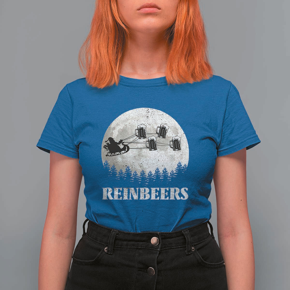 Funny Christmas Beers T Shirt For Women Reinbeers Santa Sleigh Moon - Wonder Print Shop