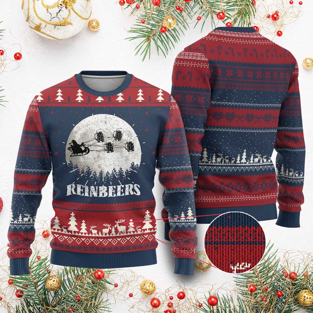 Funny Christmas Beers Ugly Christmas Sweater Reinbeers Santa Sleigh Moon - Wonder Print Shop