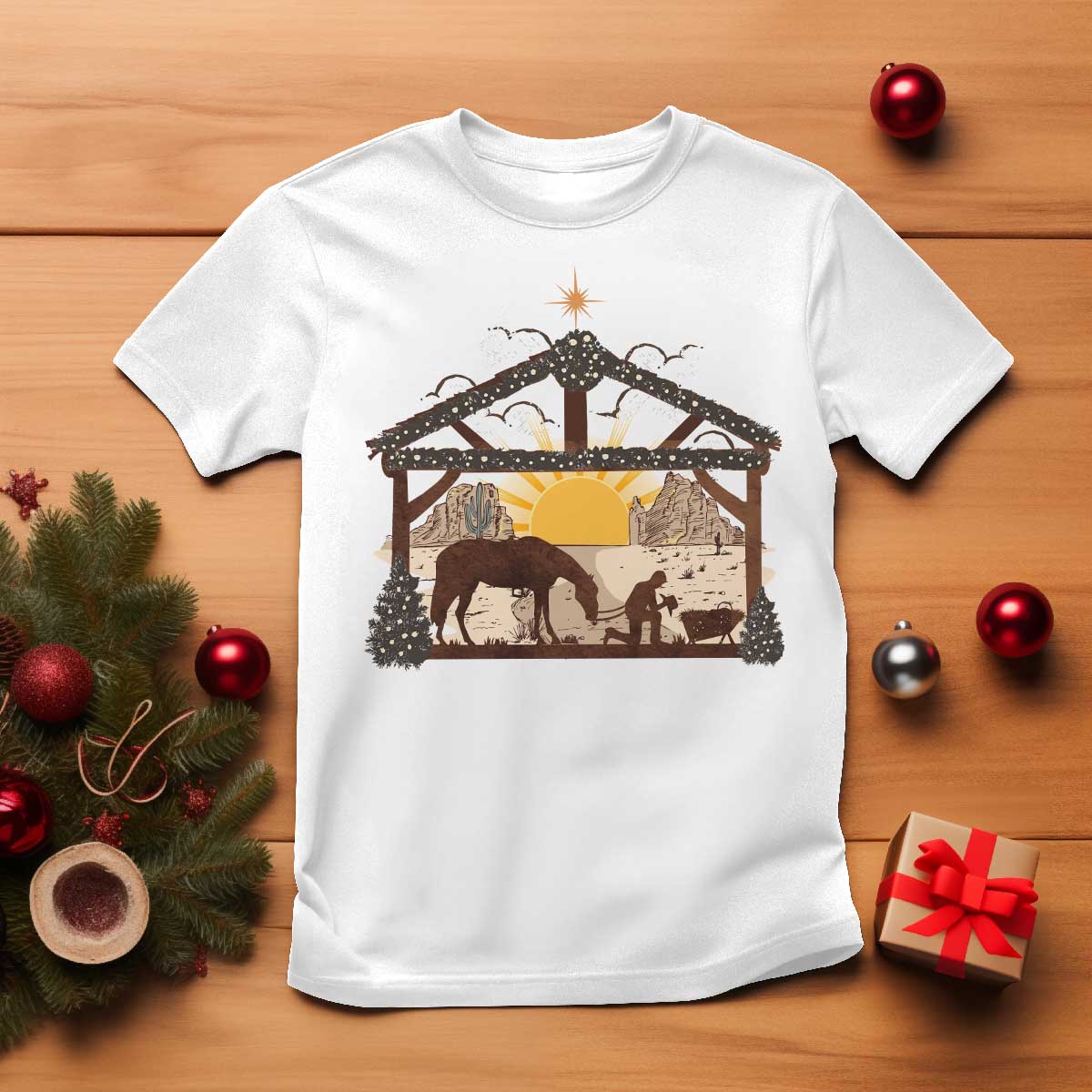 Christmas Western T Shirt True Story Jesus Cowboy Nativity Scene - Wonder Print Shop