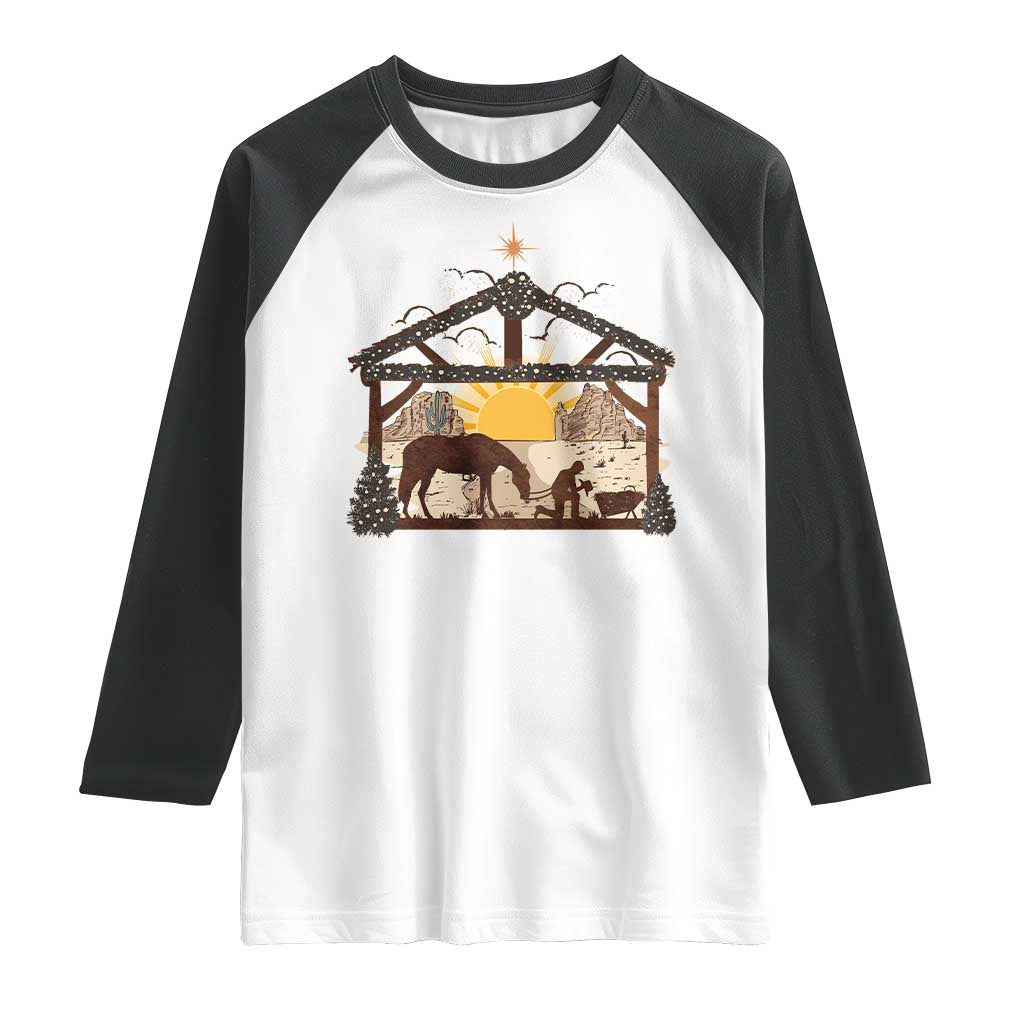 Christmas Western Raglan Shirt True Story Jesus Cowboy Nativity Scene - Wonder Print Shop