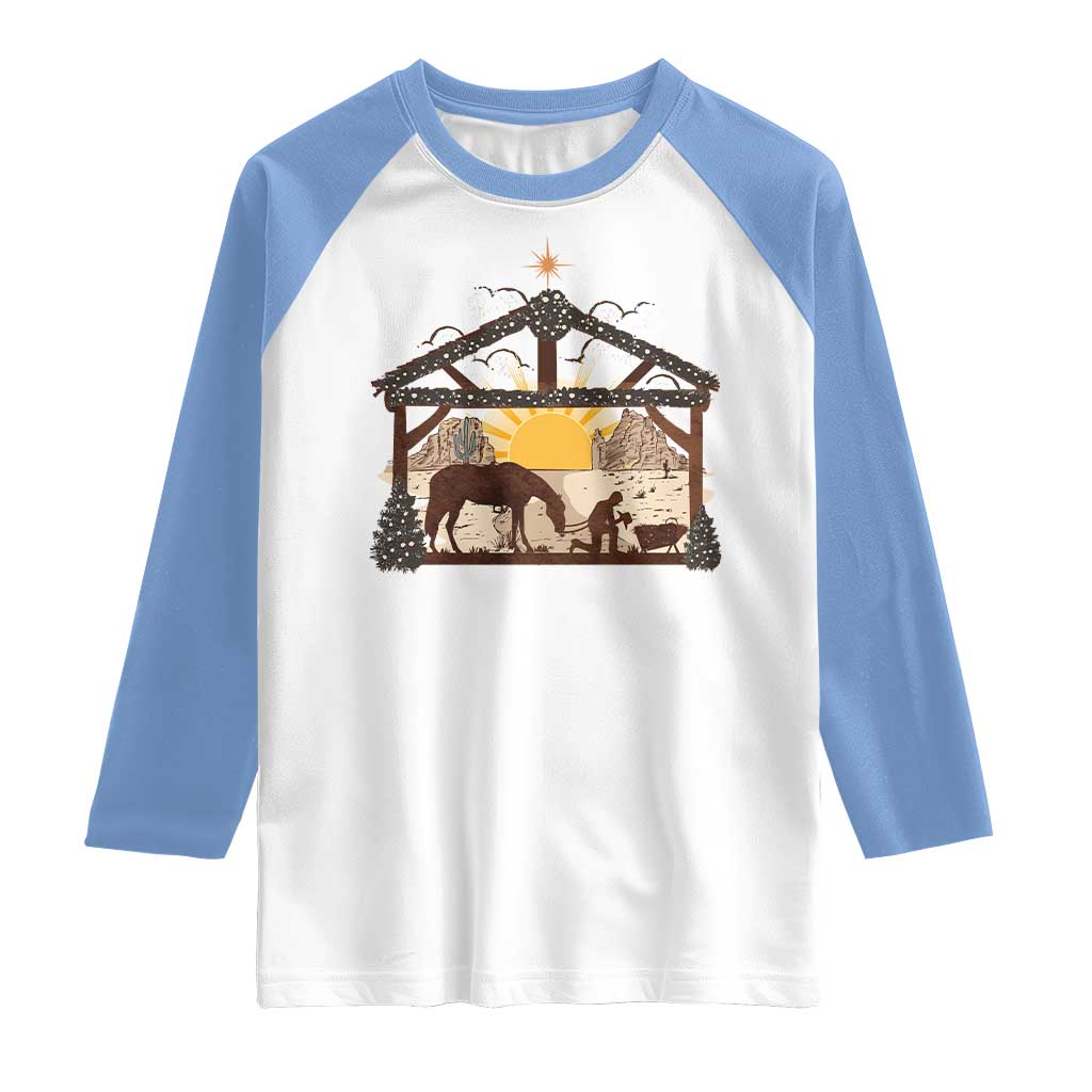 Christmas Western Raglan Shirt True Story Jesus Cowboy Nativity Scene - Wonder Print Shop