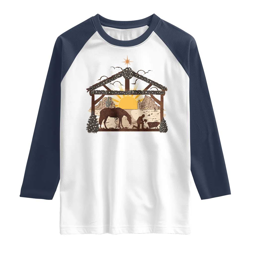Christmas Western Raglan Shirt True Story Jesus Cowboy Nativity Scene - Wonder Print Shop