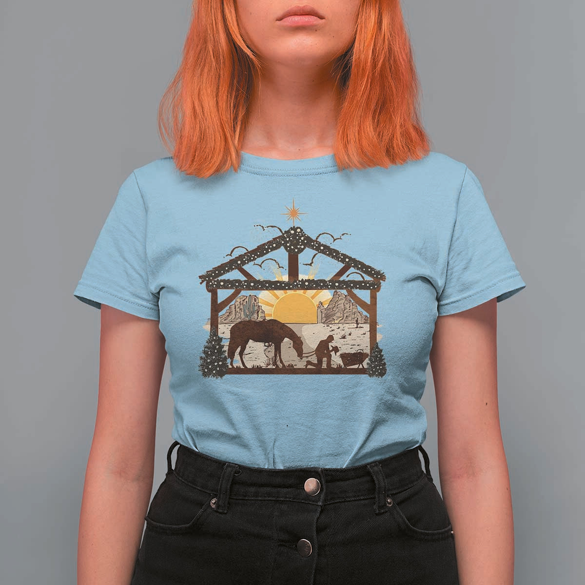 Christmas Western T Shirt For Women True Story Jesus Cowboy Nativity Scene - Wonder Print Shop