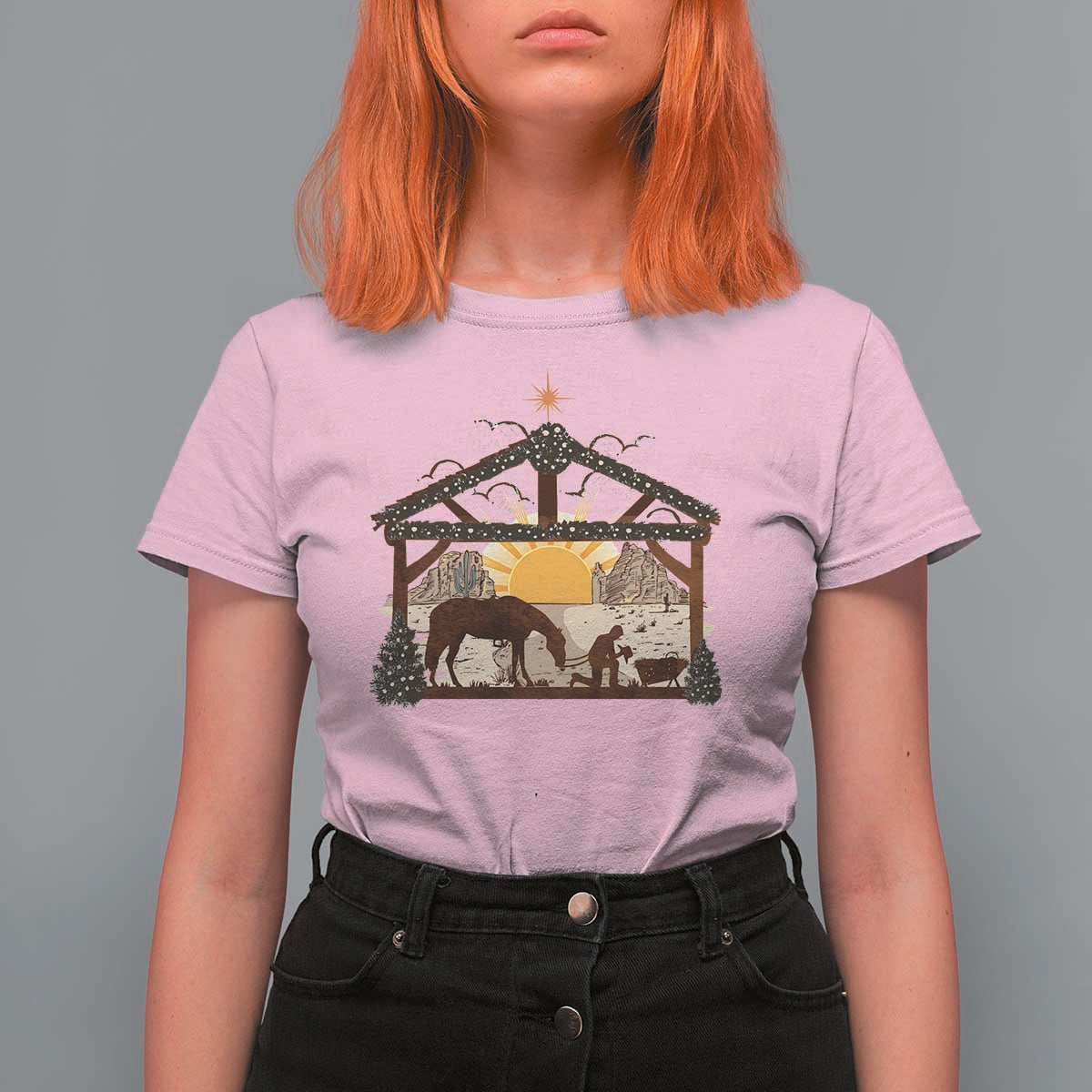 Christmas Western T Shirt For Women True Story Jesus Cowboy Nativity Scene - Wonder Print Shop