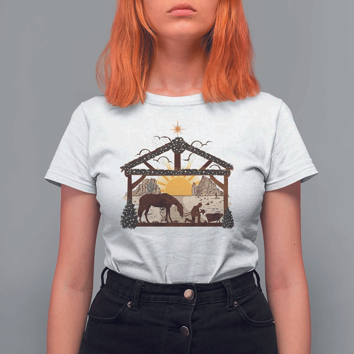 Christmas Western T Shirt For Women True Story Jesus Cowboy Nativity Scene - Wonder Print Shop