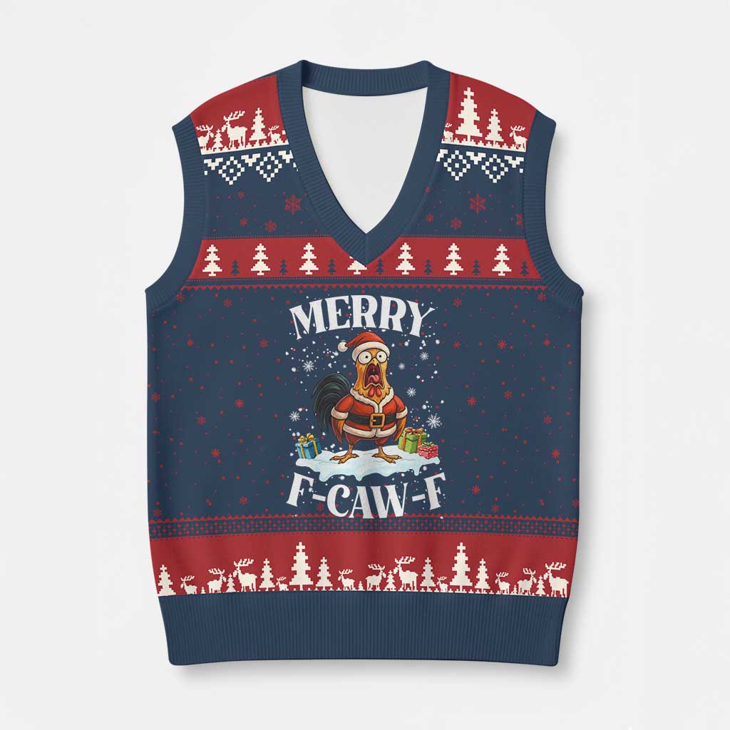Funny F Caw F Chicken Xmas V-Neck Knit Sweater Vest Merry F Caw F Quote Holiday - Wonder Print Shop
