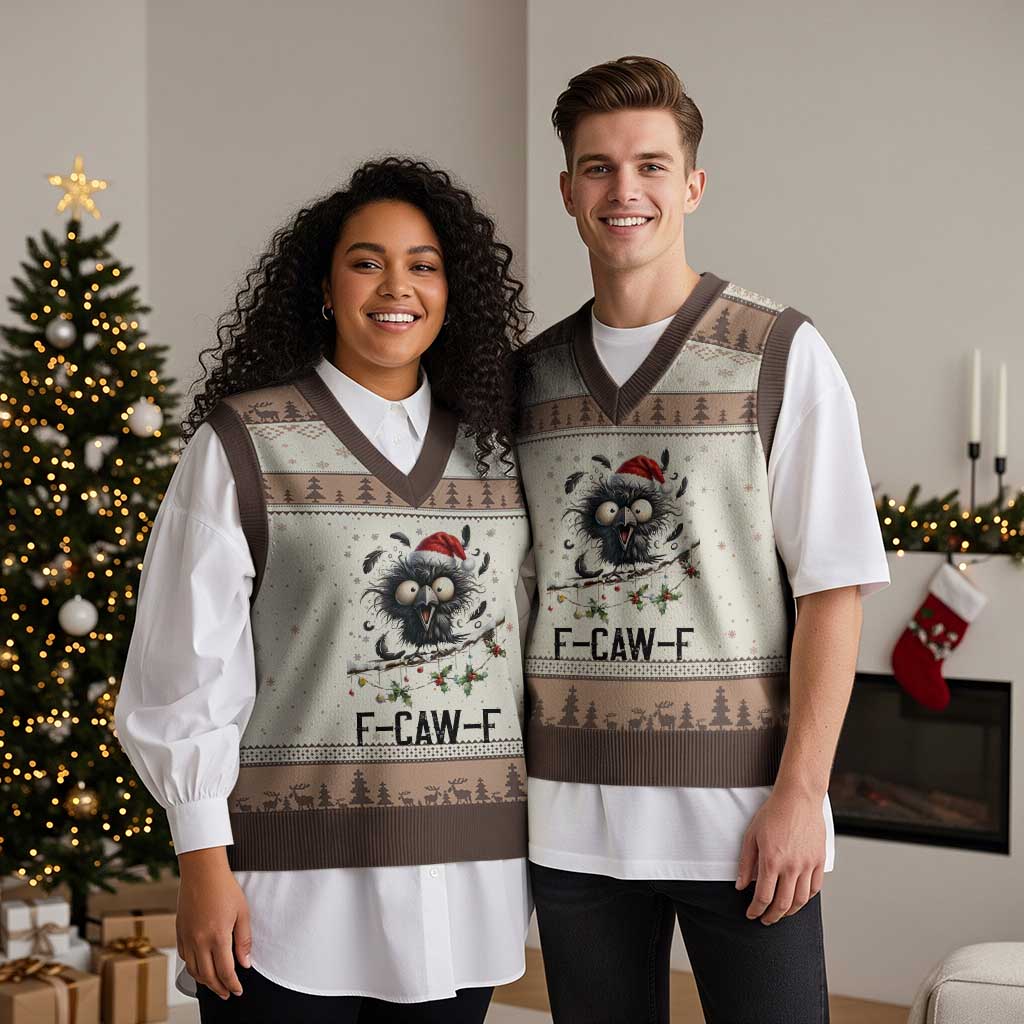 Funny F Caw F Xmas Crow V-Neck Knit Sweater Vest Santa Raven Xmas Holiday Snowflake - Wonder Print Shop