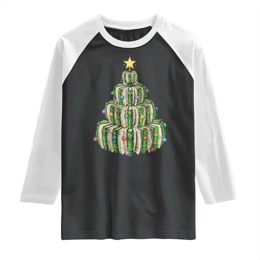 Book Christmas Tree Book Lover Teacher Librarian Raglan Shirt - Wonder Print Shop