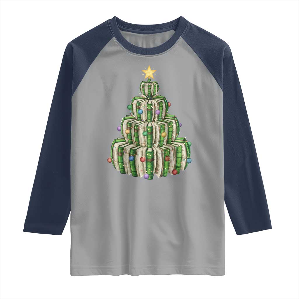 Book Christmas Tree Book Lover Teacher Librarian Raglan Shirt - Wonder Print Shop