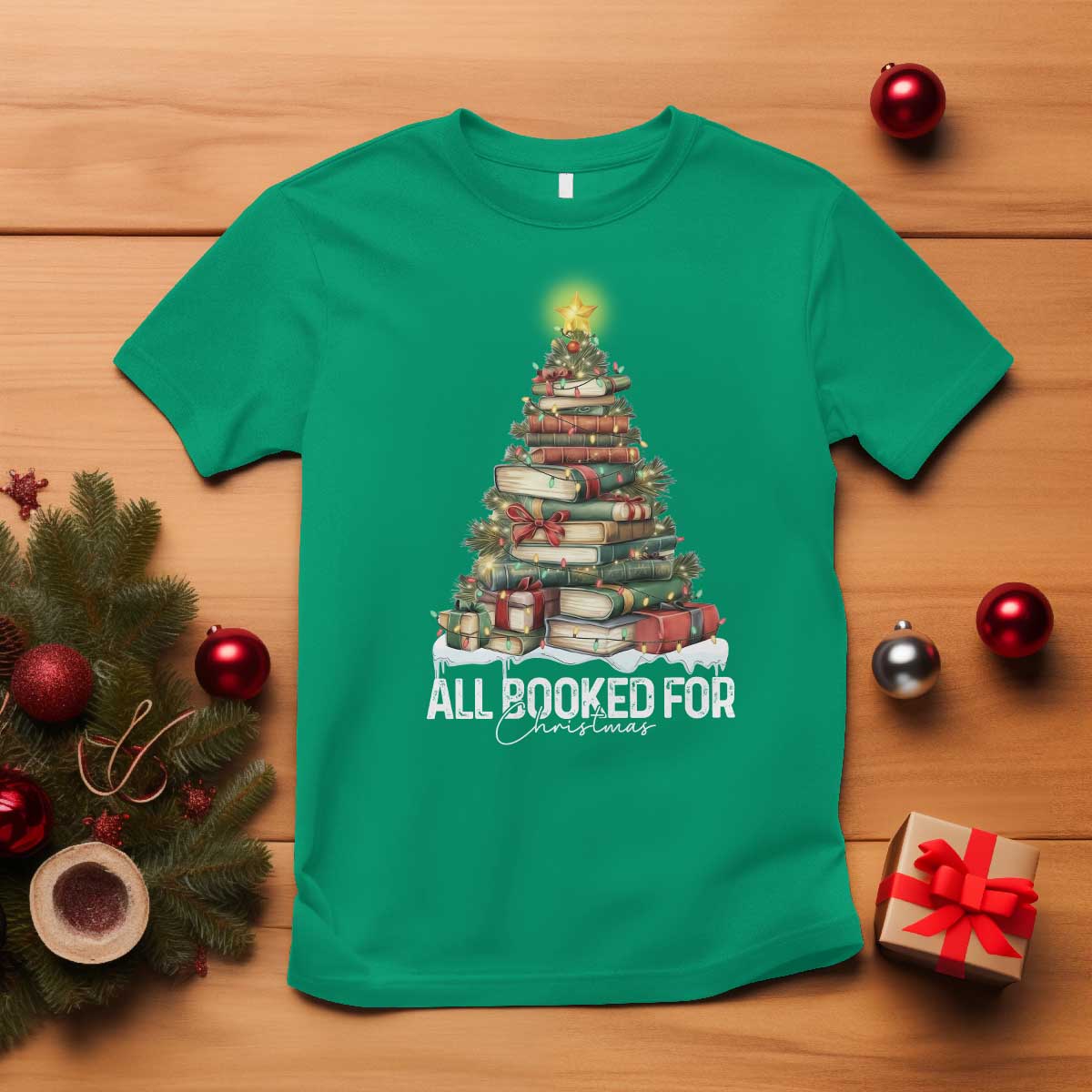 All Booked For Christmas T Shirt Xmas Tree Lights Book Lover - Wonder Print Shop