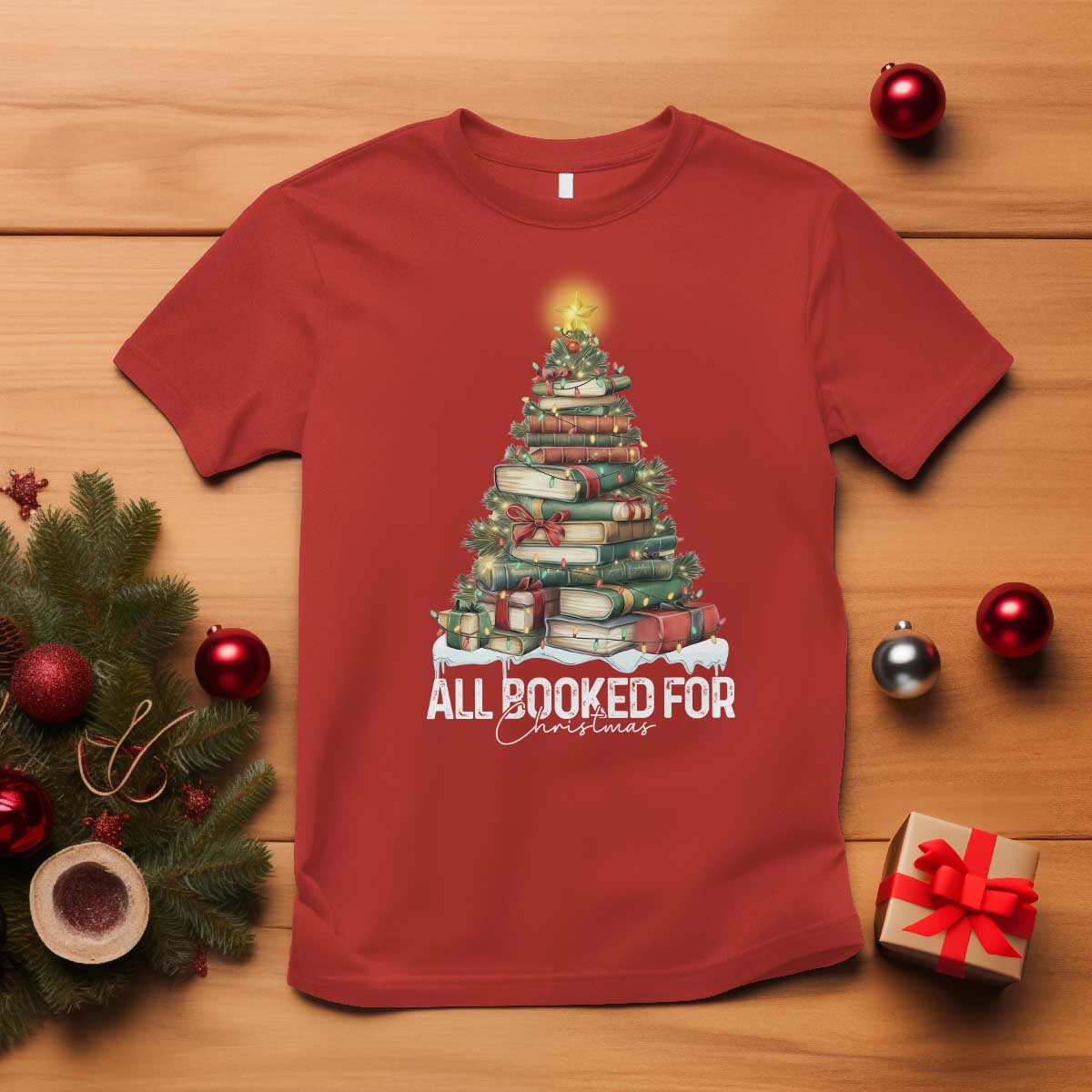 All Booked For Christmas T Shirt Xmas Tree Lights Book Lover - Wonder Print Shop