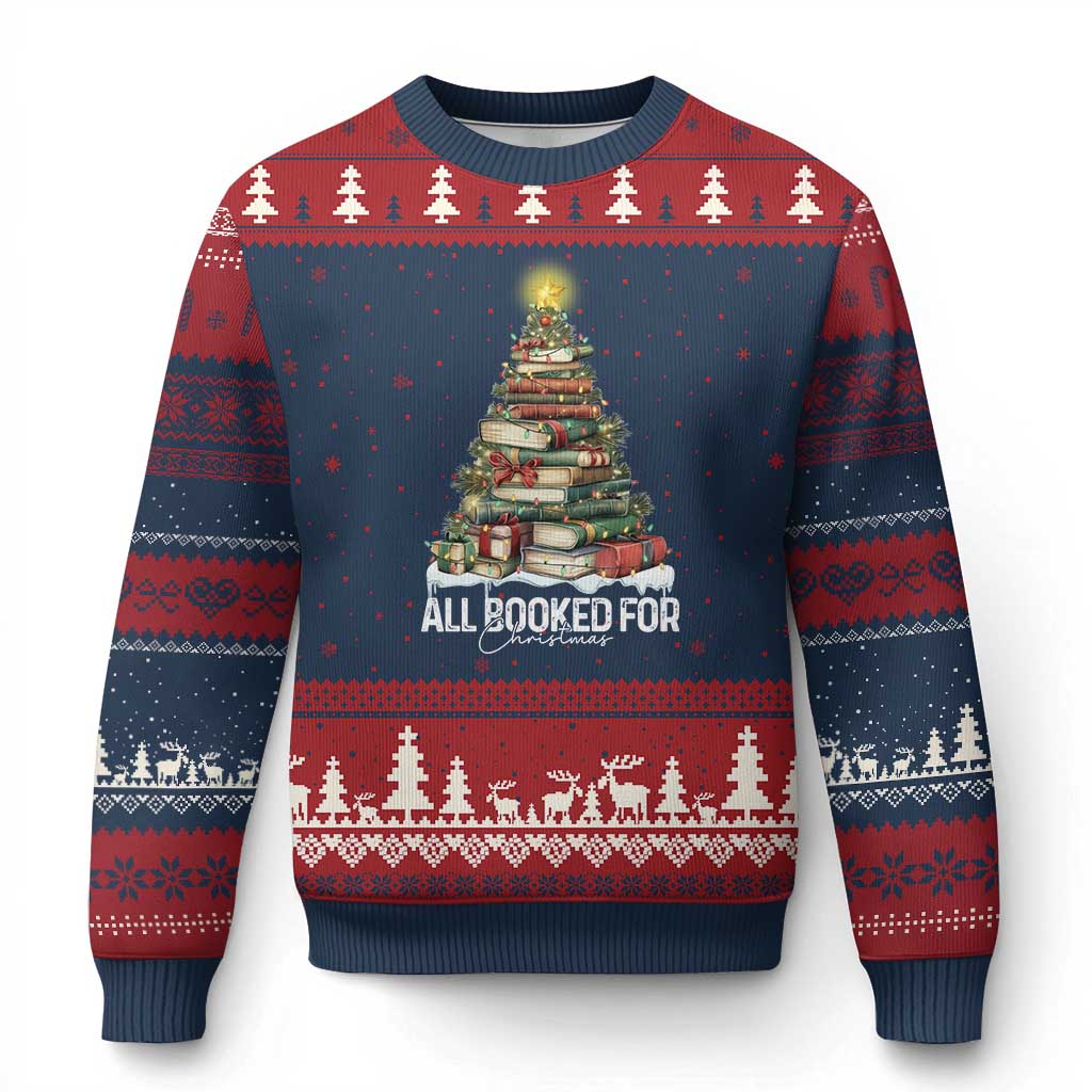 All Booked For Xmas Ugly Christmas Sweater Xmas Tree Lights Book Lover - Wonder Print Shop