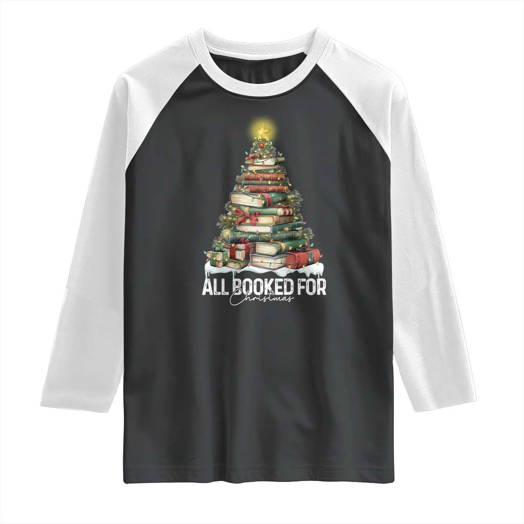 All Booked For Christmas Raglan Shirt Xmas Tree Lights Book Lover - Wonder Print Shop