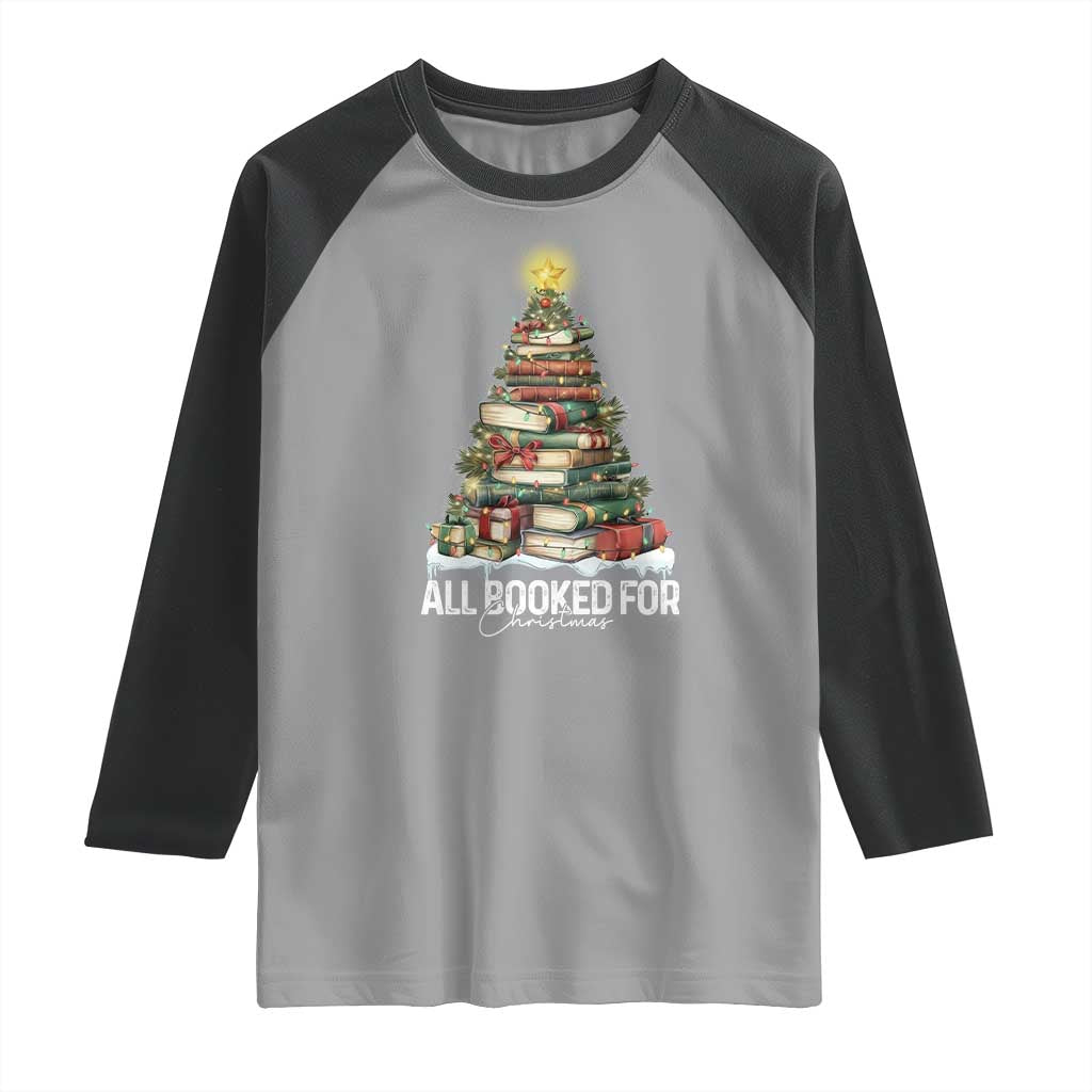 All Booked For Christmas Raglan Shirt Xmas Tree Lights Book Lover - Wonder Print Shop