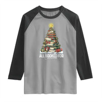 All Booked For Christmas Raglan Shirt Xmas Tree Lights Book Lover - Wonder Print Shop