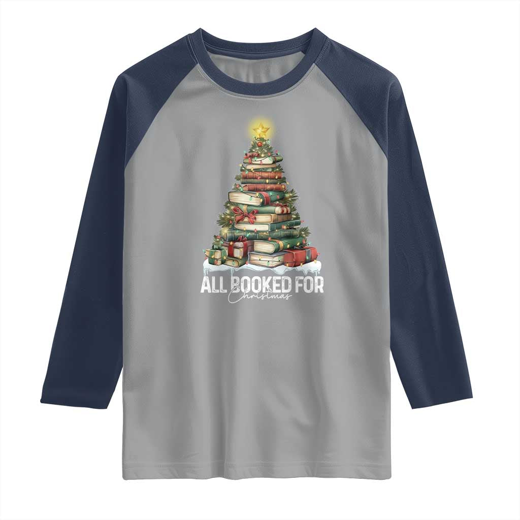 All Booked For Christmas Raglan Shirt Xmas Tree Lights Book Lover - Wonder Print Shop