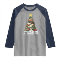 All Booked For Christmas Raglan Shirt Xmas Tree Lights Book Lover - Wonder Print Shop