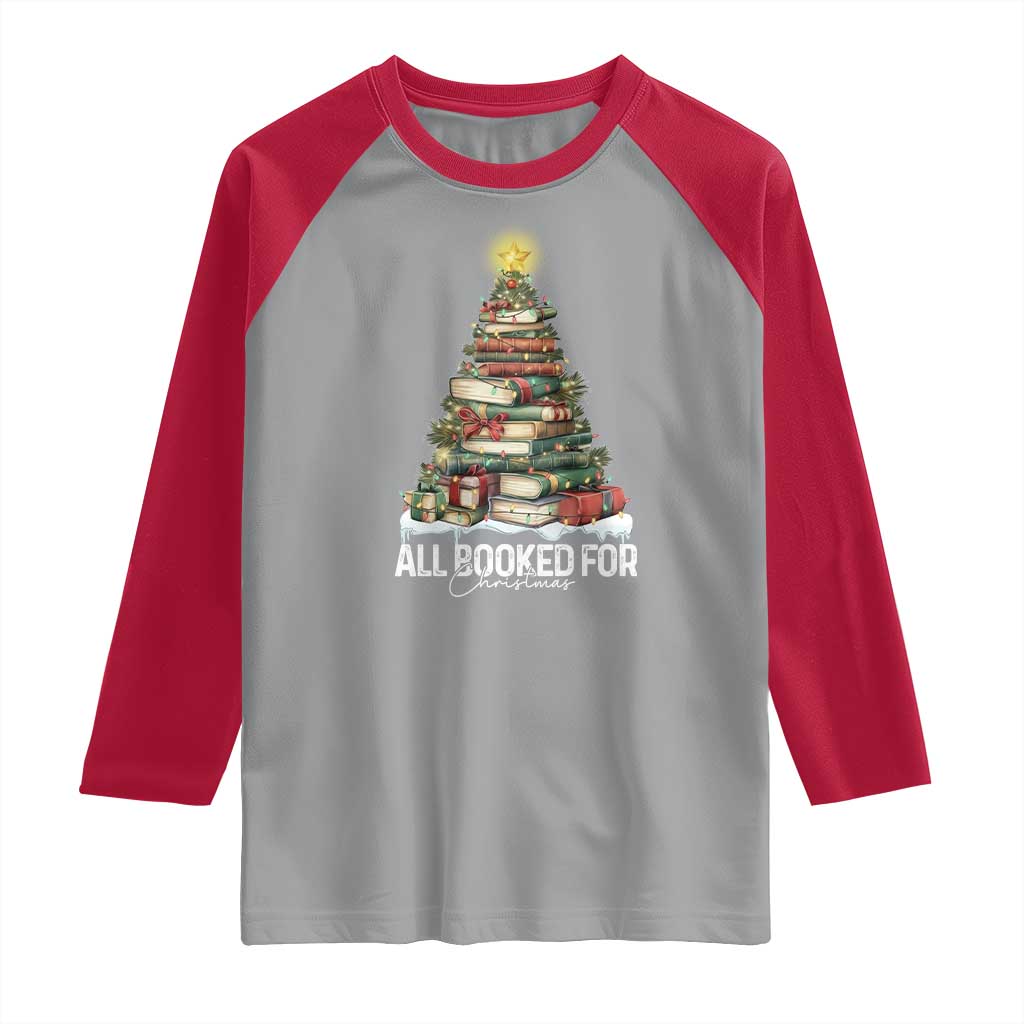 All Booked For Christmas Raglan Shirt Xmas Tree Lights Book Lover - Wonder Print Shop