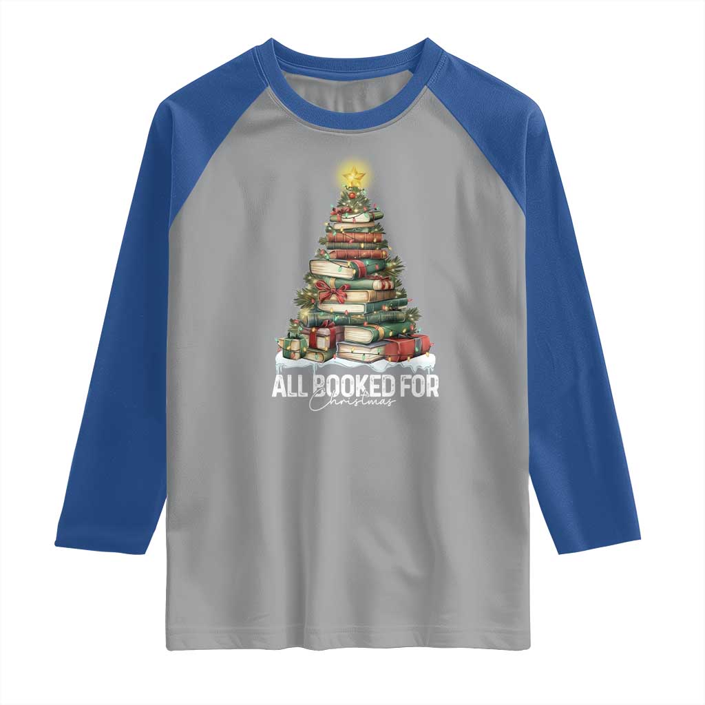All Booked For Christmas Raglan Shirt Xmas Tree Lights Book Lover - Wonder Print Shop