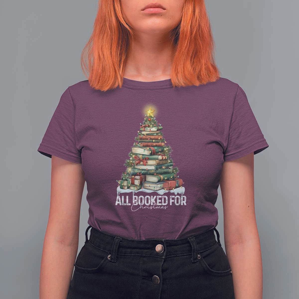 All Booked For Christmas T Shirt For Women Xmas Tree Lights Book Lover - Wonder Print Shop