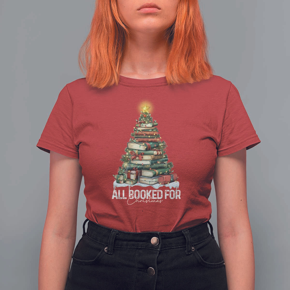 All Booked For Christmas T Shirt For Women Xmas Tree Lights Book Lover - Wonder Print Shop