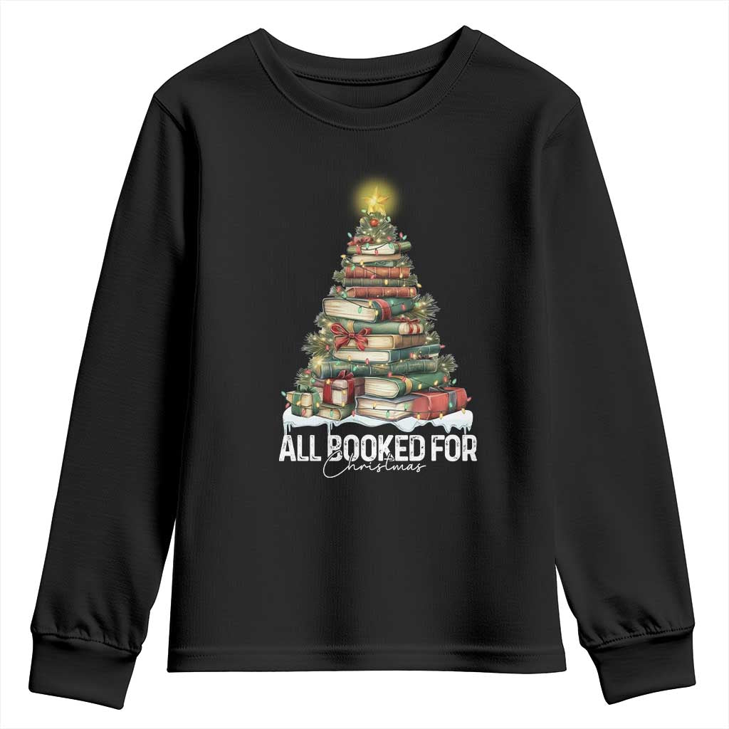 All Booked For Christmas Youth Sweatshirt Xmas Tree Lights Book Lover - Wonder Print Shop