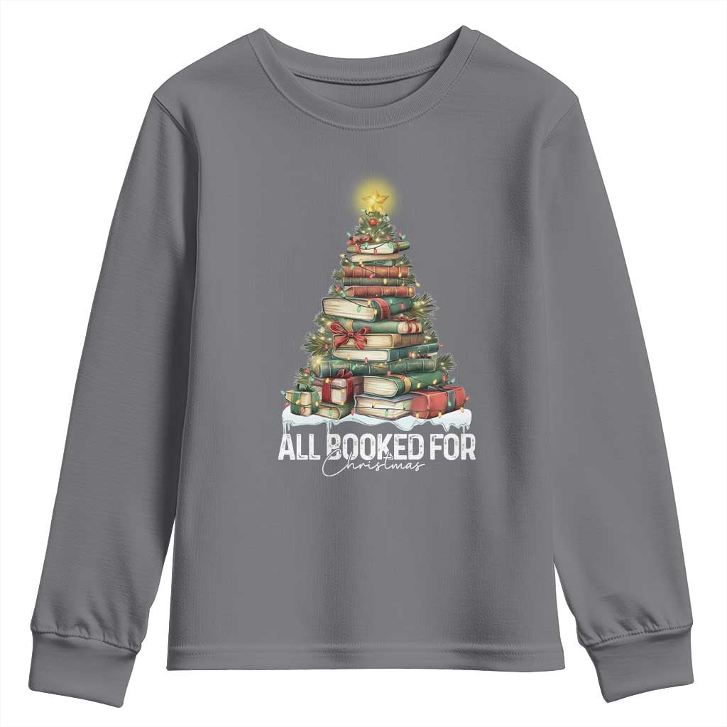 All Booked For Christmas Youth Sweatshirt Xmas Tree Lights Book Lover - Wonder Print Shop