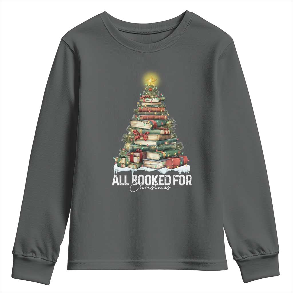 All Booked For Christmas Youth Sweatshirt Xmas Tree Lights Book Lover - Wonder Print Shop
