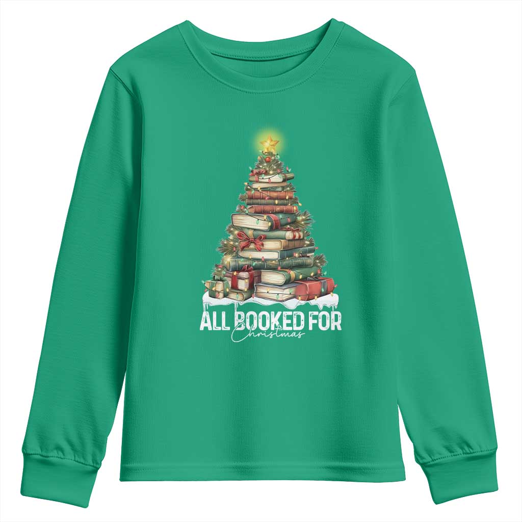 All Booked For Christmas Youth Sweatshirt Xmas Tree Lights Book Lover - Wonder Print Shop