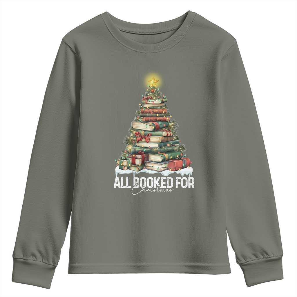 All Booked For Christmas Youth Sweatshirt Xmas Tree Lights Book Lover - Wonder Print Shop
