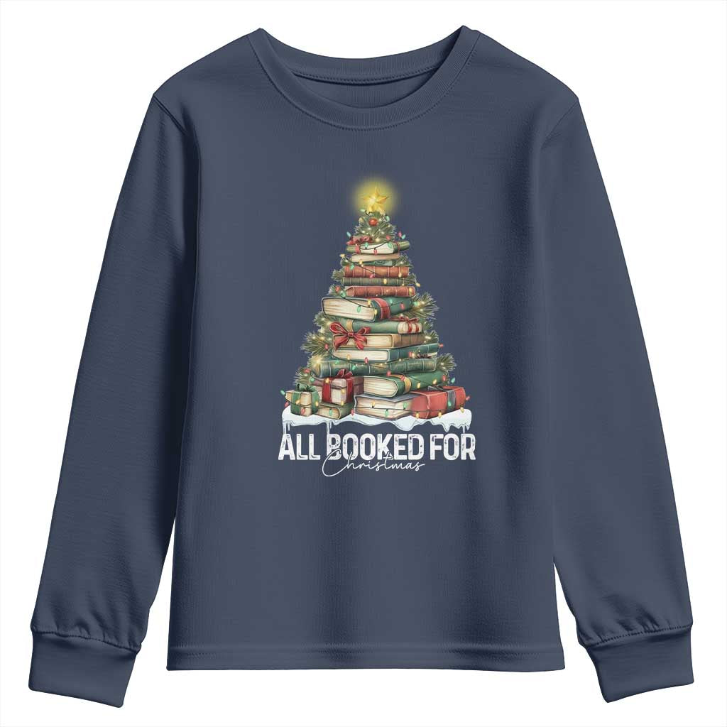 All Booked For Christmas Youth Sweatshirt Xmas Tree Lights Book Lover - Wonder Print Shop