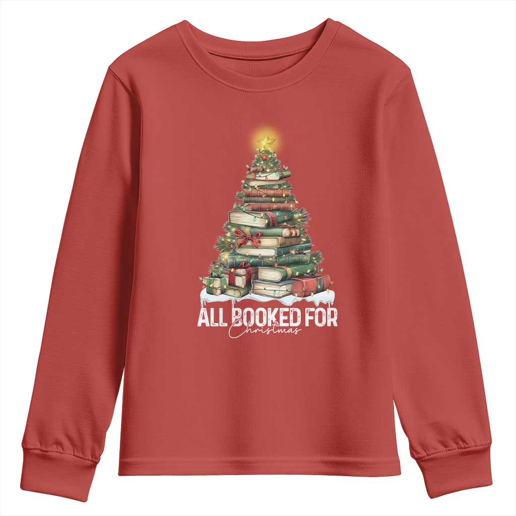 All Booked For Christmas Youth Sweatshirt Xmas Tree Lights Book Lover - Wonder Print Shop