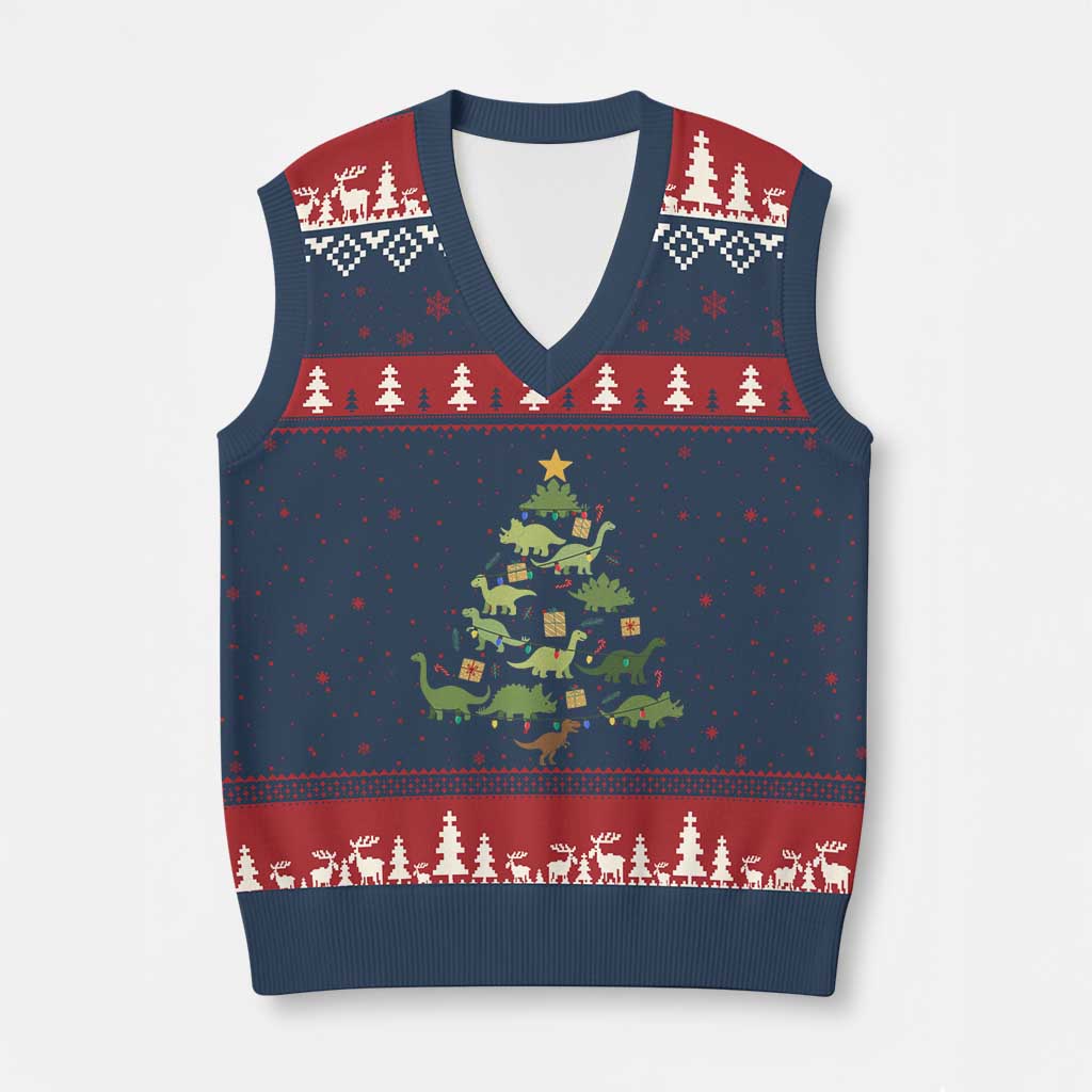 Funny Xmas Dinosaur V-Neck Knit Sweater Vest Dino Xmas Tree Rex Paleontologist - Wonder Print Shop