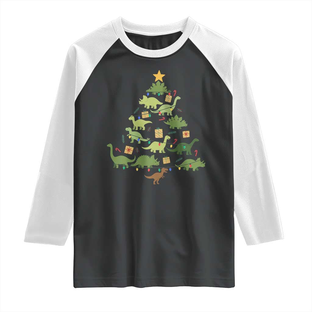 Funny Christmas Dinosaur Raglan Shirt Dino Xmas Tree Rex Paleontologist - Wonder Print Shop