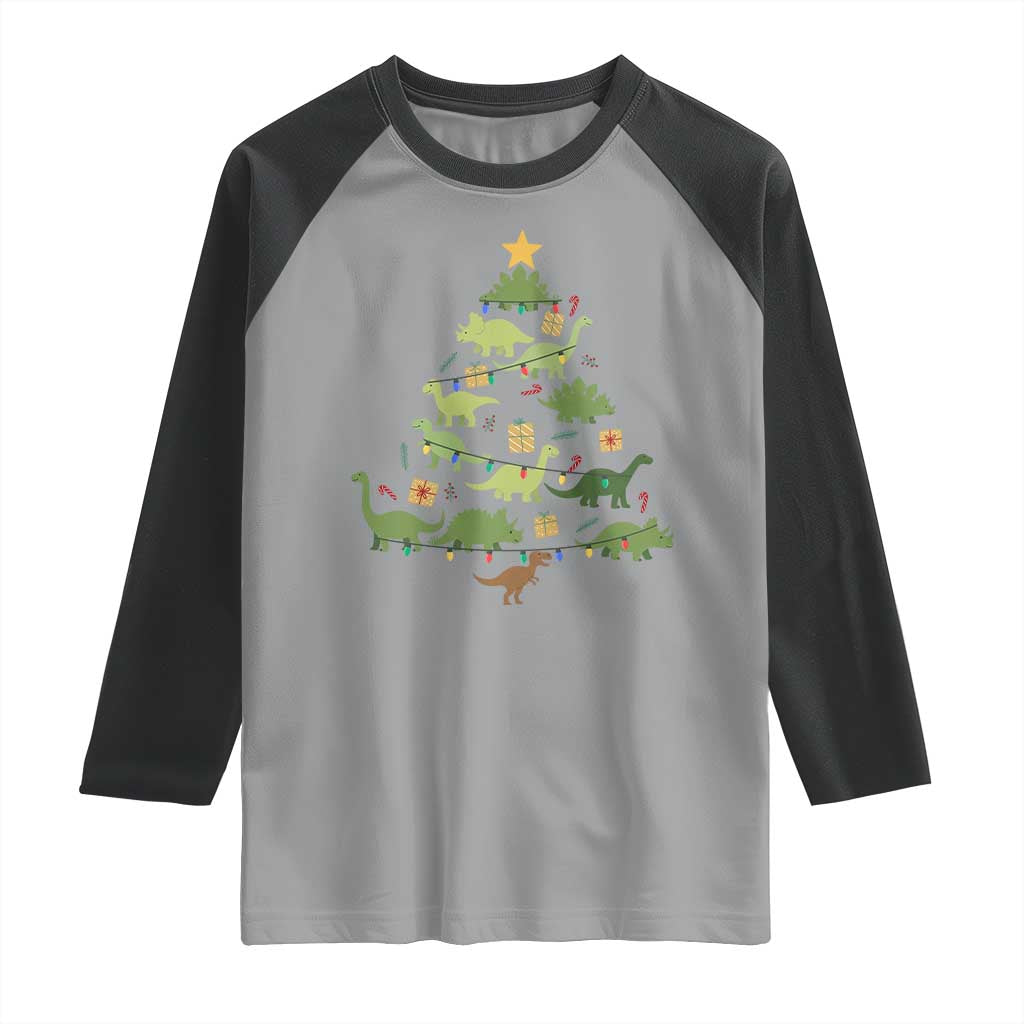 Funny Christmas Dinosaur Raglan Shirt Dino Xmas Tree Rex Paleontologist - Wonder Print Shop