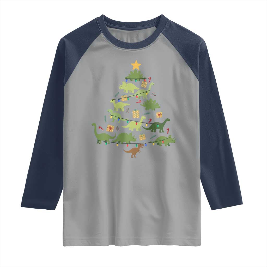 Funny Christmas Dinosaur Raglan Shirt Dino Xmas Tree Rex Paleontologist - Wonder Print Shop