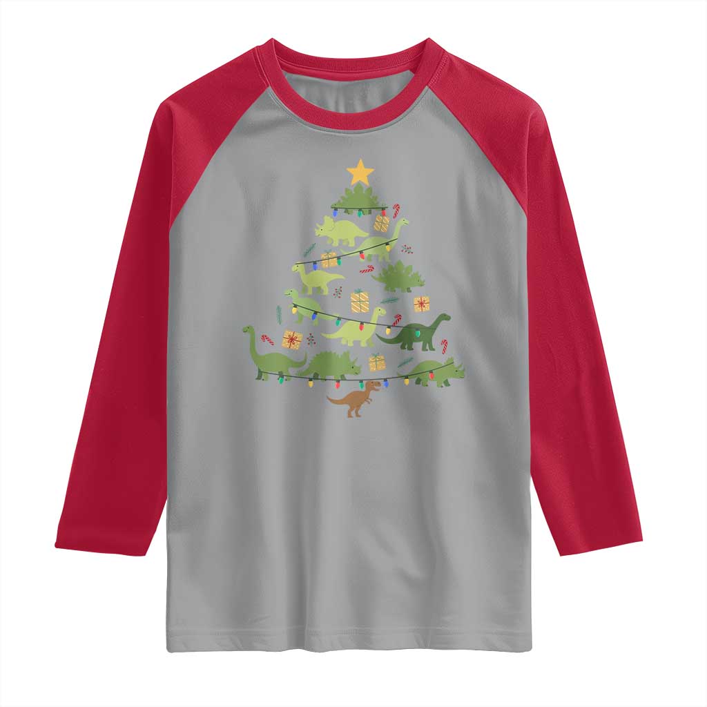 Funny Christmas Dinosaur Raglan Shirt Dino Xmas Tree Rex Paleontologist - Wonder Print Shop