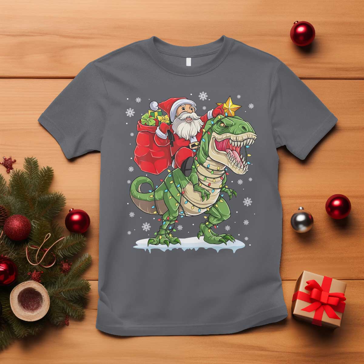 Funny Dinosaur Christmas Santa Claus Riding Dino T Shirt - Wonder Print Shop
